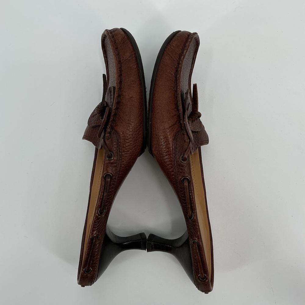 Nine West Ladies Brown Leather Slip-On Kitten Mules with Floral Tassel Accent - Picture 13 of 13